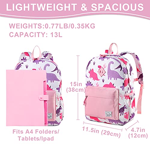 VASCHY Kids Backpack for Girls, Cute Dinosaur Lightweight Backpack for Toddlers Daycare Preschool Little Girls Pink