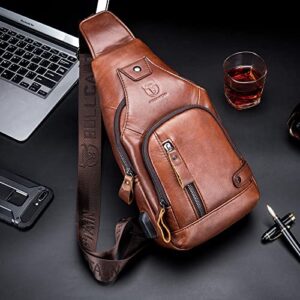 LUKZIJAES Genuine Leather Sling Bag for Men Crossbody Shoulder Chest Pack Hiking Casual Daypack Outdoor Travel Backpack (#1-Brown)