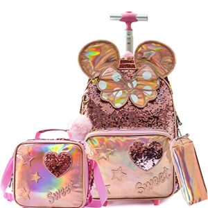 Rolling Backpack for Girls School Backpack with Lunch Box for Elementary Student Wheels Roller Trolley Luggage