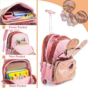 Rolling Backpack for Girls School Backpack with Lunch Box for Elementary Student Wheels Roller Trolley Luggage