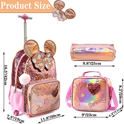 Rolling Backpack for Girls School Backpack with Lunch Box for Elementary Student Wheels Roller Trolley Luggage