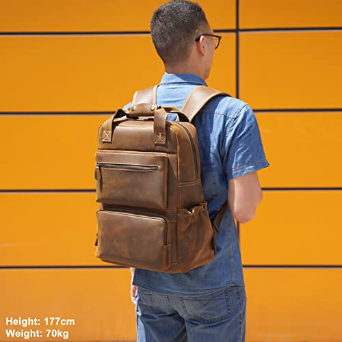 TIDING Men's Leather 17 Inch Laptop Backpack Large Capacity Business Travel Office Daypacks Brown