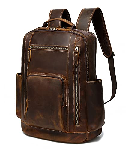 LANNSYNE Men's Vintage Full Grain Leather Backpack for 16" Laptop Travel Hiking Camping Rucksack