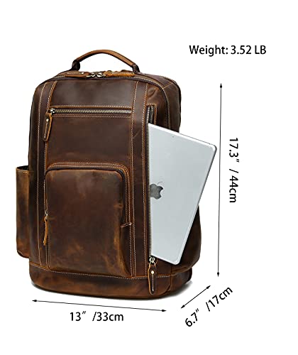 LANNSYNE Men's Vintage Full Grain Leather Backpack for 16" Laptop Travel Hiking Camping Rucksack