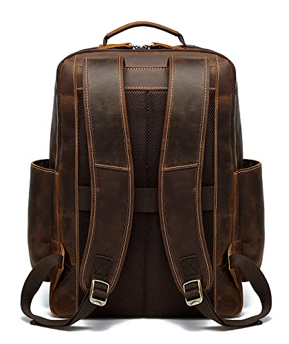 LANNSYNE Men's Vintage Full Grain Leather Backpack for 16" Laptop Travel Hiking Camping Rucksack