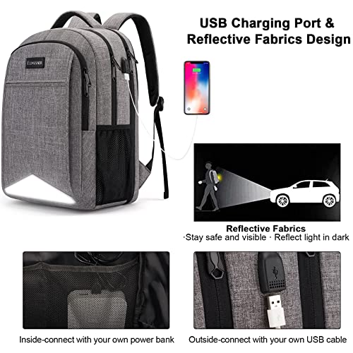 Lumesner Laptop Backpack for Men,Water Resistant Travel Laptop Backpack with USB Charging Port,Anti Theft College School Backpack Laptop Bag for Women Fits 15.6 Inch Computer and Notebook-Grey