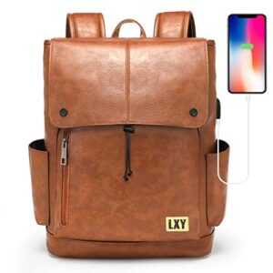 LXY Leather Backpack Vintage College School Backpack, Brown Faux Leather Backpack Purse, 15.6 Inches Laptop Bookbag with USB Charging Port