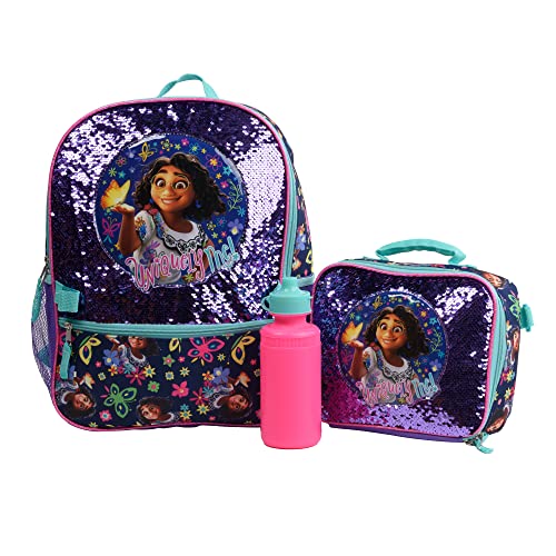 Disney Encanto Mirabel 4 Piece Backpack set, Flip Sequin School Bag for Girls with Front Zip Pocket, Mesh Side Pockets, Insulated Lunch Bag, Water Bottle, and Squish Ball Dangle