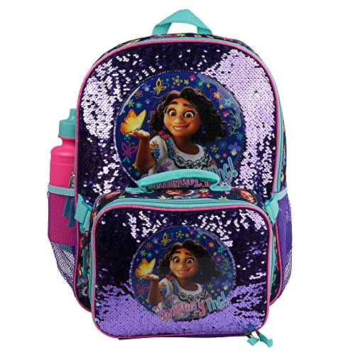 Disney Encanto Mirabel 4 Piece Backpack set, Flip Sequin School Bag for Girls with Front Zip Pocket, Mesh Side Pockets, Insulated Lunch Bag, Water Bottle, and Squish Ball Dangle