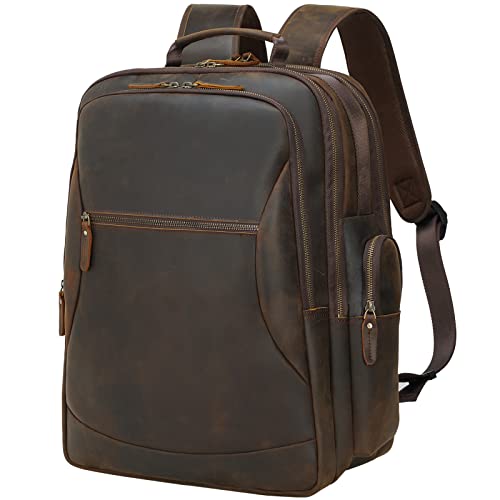 TIDING Vintage Full Grain Leather 17.3 Inch Laptop Backpack Large Camping Travel Weekender Daypack For Men 31.9L