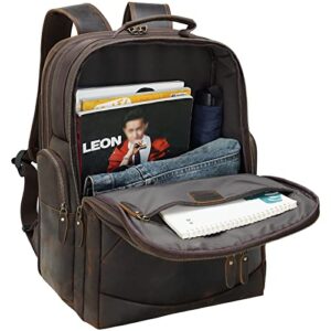 TIDING Vintage Full Grain Leather 17.3 Inch Laptop Backpack Large Camping Travel Weekender Daypack For Men 31.9L