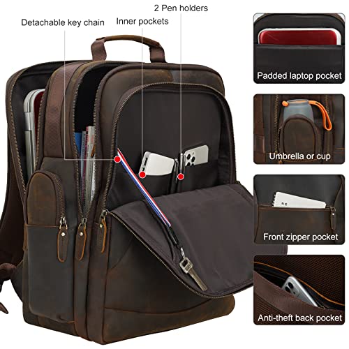 TIDING Vintage Full Grain Leather 17.3 Inch Laptop Backpack Large Camping Travel Weekender Daypack For Men 31.9L