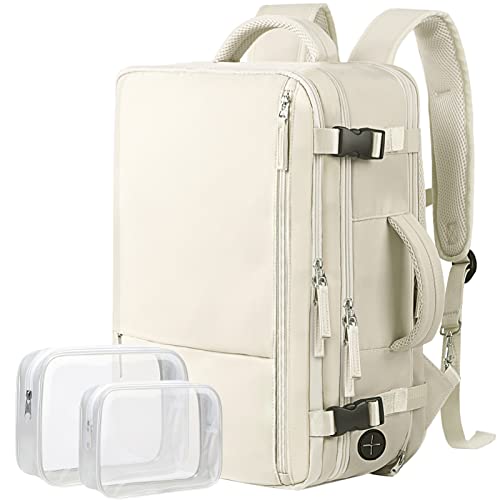 Hanples Extra Large Travel Backpack for Women as Person Item Flight Approved, 40L Carry On Backpack, 17 Inch Laptop Backpack, Waterproof Backpack, Hiking Backpack, School Bag(Beige)