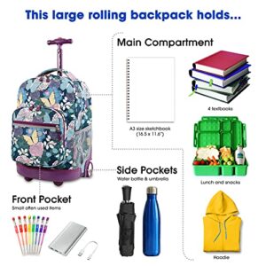 J World New York Sunrise Rolling Backpack. Roller Bag with Wheels, Secret Garden, 18"
