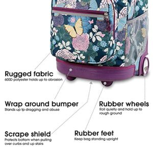 J World New York Sunrise Rolling Backpack. Roller Bag with Wheels, Secret Garden, 18"