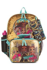 lol dolls 5 piece backpack set for girls, brush glitter sequin school bag with front panel and mesh pockets, insulated lunch box, water bottle, pencil case and hair scrunchie, black and gold