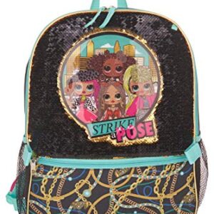 LOL Dolls 5 Piece Backpack Set for Girls, Brush Glitter Sequin School Bag with Front Panel and Mesh Pockets, Insulated Lunch Box, Water Bottle, Pencil Case and Hair Scrunchie, Black and Gold