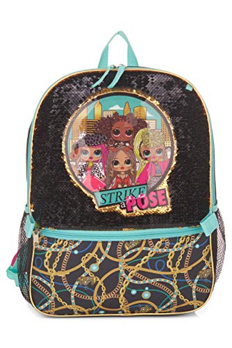 LOL Dolls 5 Piece Backpack Set for Girls, Brush Glitter Sequin School Bag with Front Panel and Mesh Pockets, Insulated Lunch Box, Water Bottle, Pencil Case and Hair Scrunchie, Black and Gold