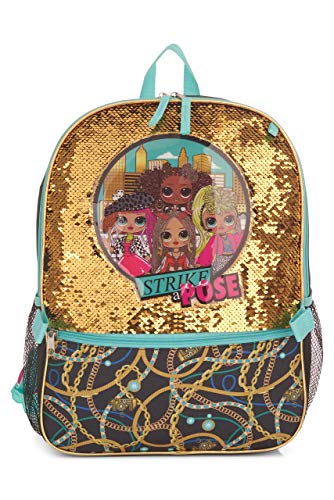 LOL Dolls 5 Piece Backpack Set for Girls, Brush Glitter Sequin School Bag with Front Panel and Mesh Pockets, Insulated Lunch Box, Water Bottle, Pencil Case and Hair Scrunchie, Black and Gold
