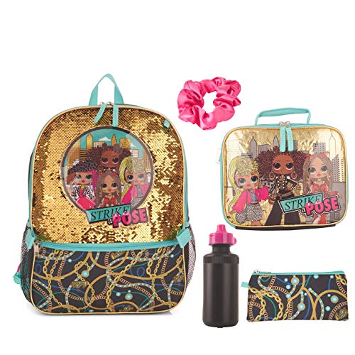 LOL Dolls 5 Piece Backpack Set for Girls, Brush Glitter Sequin School Bag with Front Panel and Mesh Pockets, Insulated Lunch Box, Water Bottle, Pencil Case and Hair Scrunchie, Black and Gold