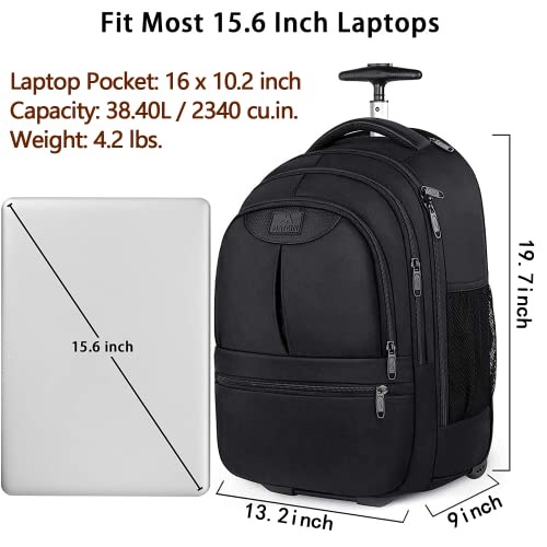 Rolling Backpack,Water Resistant Wheeled Travel Backpack,Laptop Backpack for Women Men,Carry on Luggage Backpack Fit 15.6 inch Notebook,Trolley Suitcase Business Bag College Student Computer Bag,Black