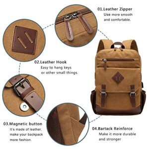 Canvas Backpack for Men Women, Vintage Rucksack Fits Most 15.6 Inch Laptop, Bookbag with USB Charging Port, Brown