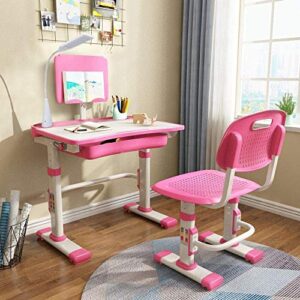 lvyuan height adjustable children’s desk and chair set, spacious storage drawer, with adjustable tilted desktop, bookstand, touch led lamp for school students, kids interactive workstation