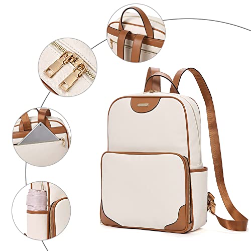 CLUCI Womens Laptop Backpack Leather 15.6 Inch Computer Backpack Large Travel Daypack Business Vintage Off-white with Brown