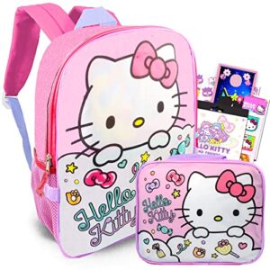 Hello Sanrio Kitty Backpack With Lunch Bag For Girls, Kids ~ 5 Pc Bundle With 16 inches Hello Kitty School Bag, 2000+ Stickers, Page Clips, And More (Hello Kitty School Supplies Stuff)