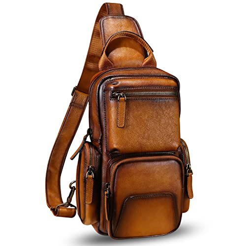 IVTG Genuine Leather Sling Bag Crossbody Casual Hiking Daypack Vintage Handmade Chest Bag Shoulder Backpack Motorcycle Pack (Brown)