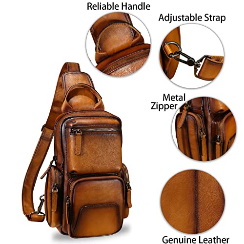 IVTG Genuine Leather Sling Bag Crossbody Casual Hiking Daypack Vintage Handmade Chest Bag Shoulder Backpack Motorcycle Pack (Brown)
