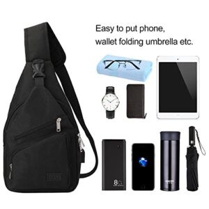 AMJ Sling Bag Shoulder Backpack Chest Bags Crossbody Daypack for Women & Men with USB Cable for Hiking Camping Outdoor Sport Cycling Trip Black