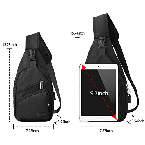 AMJ Sling Bag Shoulder Backpack Chest Bags Crossbody Daypack for Women & Men with USB Cable for Hiking Camping Outdoor Sport Cycling Trip Black