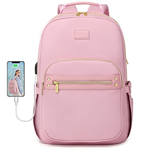 bagswan Pink Laptop Backpack Women Bookbag 15.6 inch School Teacher Bookbag Business Computer Backpacks Purse Travel Work girls College Bags with USB Charging Port Light Back Pack Student