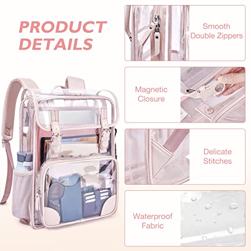 mommore Clear Backpack Heavy Duty Thick PVC Transparent Backpack with Leather Trim Large Capacity See Through Backpack