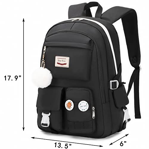 Hey Yoo Backpack for Girls Bookbag Cute School Bag College Middle High Elementary School Backpack for Teen Girls (Black)