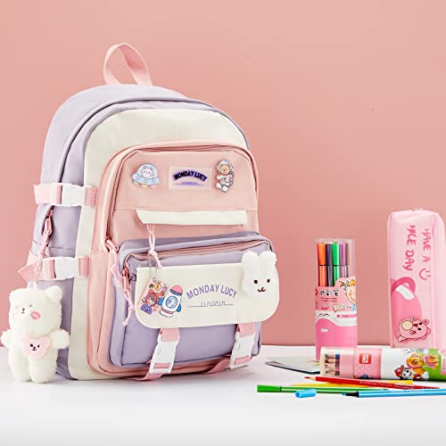 Kawaii Backpack For School Cute Aesthetic Kids Elementary Kindergarten With Kawaii Pin And Accessories Chains Mochilas Escolares Para Niñas Toddler Backpack For Girls, Purple