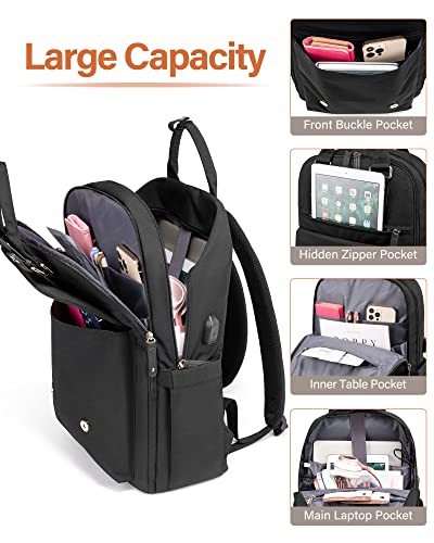 LOVEVOOK Laptop Backpack for Women,Vintage Work Business Travel Backpack with USB Charging Port,Teacher Doctor Nurse Computer Bag Purse,College High School Backpack Bookbag,15.6 Inch,Black-Black
