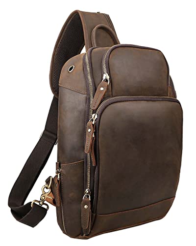 Taertii Vintage Full Grain Genuine Leather Sling Bag Crossbody Chest Shoulder Backpack Daypack Travel Hiking for 13.3 Inch Laptop - Brown