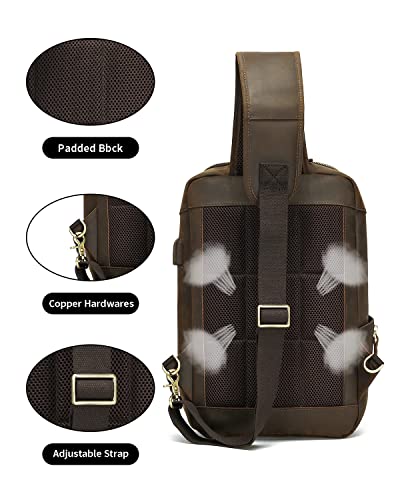 Taertii Vintage Full Grain Genuine Leather Sling Bag Crossbody Chest Shoulder Backpack Daypack Travel Hiking for 13.3 Inch Laptop - Brown