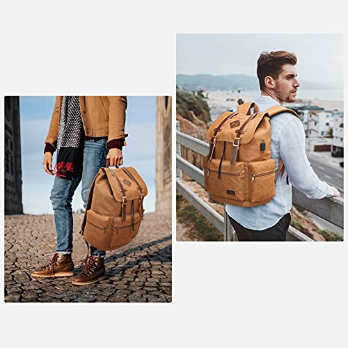 Modoker Mens Canvas Vintage Backpack for Men,Women, Travel Laptop Backpack Fits 17/15.6 Inch Computer & Tablet, Large Bookbag Rucksack Backpack with USB Charging Port, Brown