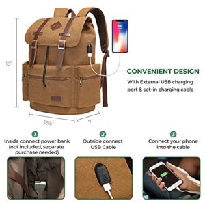 Modoker Mens Canvas Vintage Backpack for Men,Women, Travel Laptop Backpack Fits 17/15.6 Inch Computer & Tablet, Large Bookbag Rucksack Backpack with USB Charging Port, Brown