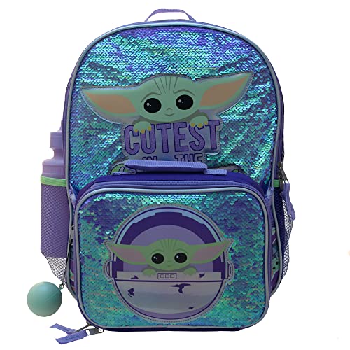 Disney’s Mandalorian Baby Yoda Girls 4 Piece Backpack set, Flip Sequin School Bag with Front Zip Pocket, Mesh Side Pockets, Insulated Lunch Box, Water Bottle, and Squish Ball Dangle, Purple