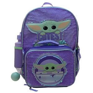 Disney’s Mandalorian Baby Yoda Girls 4 Piece Backpack set, Flip Sequin School Bag with Front Zip Pocket, Mesh Side Pockets, Insulated Lunch Box, Water Bottle, and Squish Ball Dangle, Purple