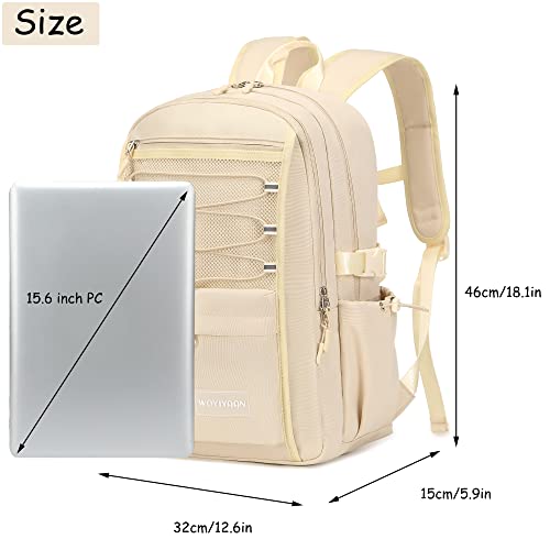 Laptop Backpack for Women Girls 15.6 Inch Mesh School Bag, Unisex Student Bookbag Waterproof Backpack for College Work Travel (Khaki)