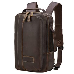 masa kawa leather 15.6″ laptop backpack for men convertible briefcase backpacks school bookbag expandable vintage business work travel rucksack daypack, brown