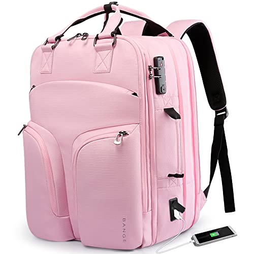 BANGE 35L Pink Travel Backpack for Women, Large Lightweight Airplane Approved Weekender Bag for Women,Daypacks Carry on Backpacks for Nurses Teacher College,TSA Anti Theft Backpack fit 17.3inch Laptop