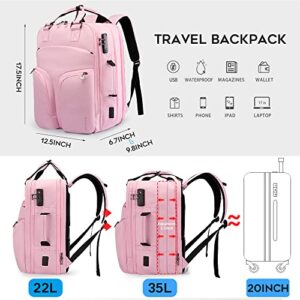 BANGE 35L Pink Travel Backpack for Women, Large Lightweight Airplane Approved Weekender Bag for Women,Daypacks Carry on Backpacks for Nurses Teacher College,TSA Anti Theft Backpack fit 17.3inch Laptop