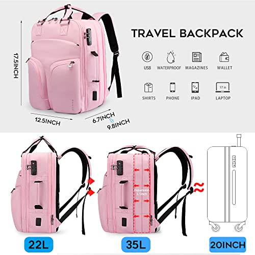 BANGE 35L Pink Travel Backpack for Women, Large Lightweight Airplane Approved Weekender Bag for Women,Daypacks Carry on Backpacks for Nurses Teacher College,TSA Anti Theft Backpack fit 17.3inch Laptop