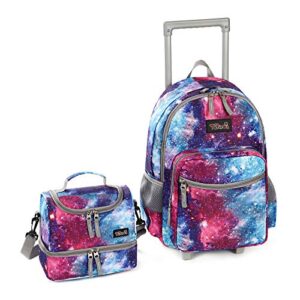 rolling backpack 18 inch double handle with lunch bag wheeled kids backpack, galaxy